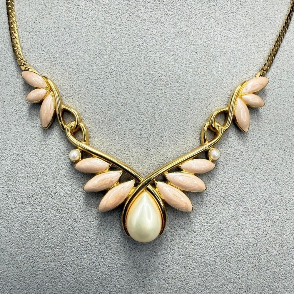 Vintage Trifari Pink Enamel Faux Pearl Gold Tone V Necklace 16" Summer Pastel
